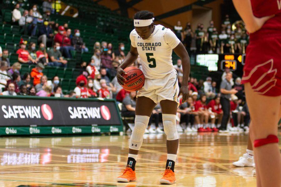 Upe Atosu (5) Colorado State Ram preparing for a free throw shot during a game against the Louisville Cardinals.