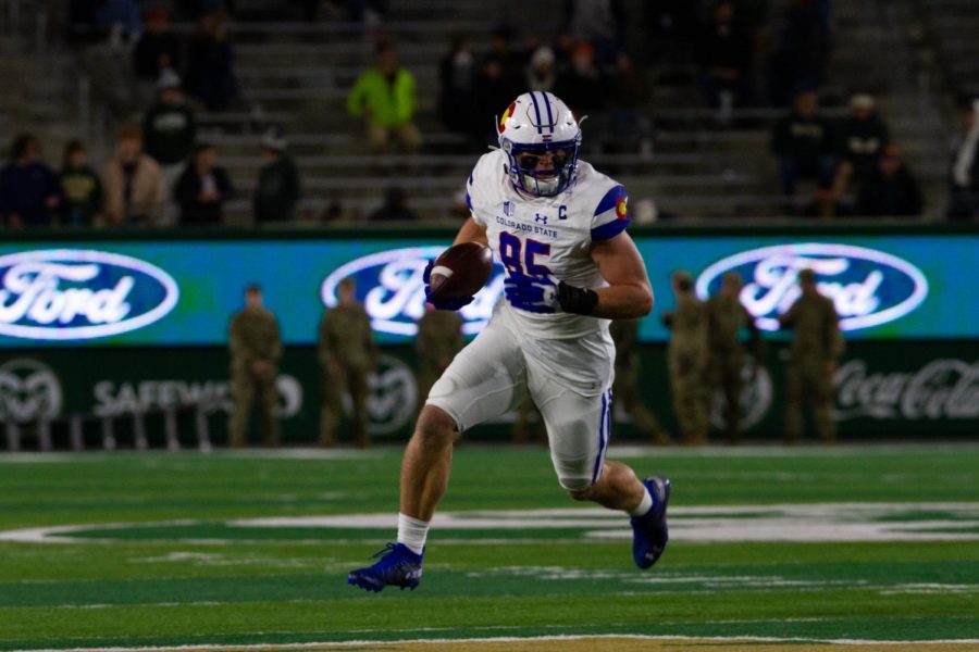 Colorado State tight end Trey McBride (85) runs upfield Nov. 27.