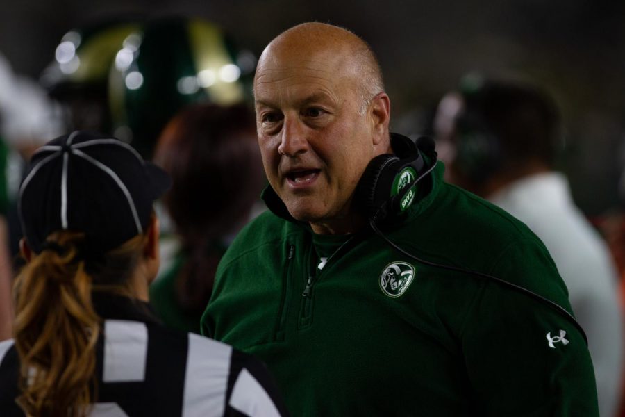 Former+Colorado+State+head+coach+Steve+Addazio+discusses+a+play+with+a+referee+Nov.+13.+The+Rams+lost+35-21+against+the+United+States+Air+Force+Academy+Falcons.