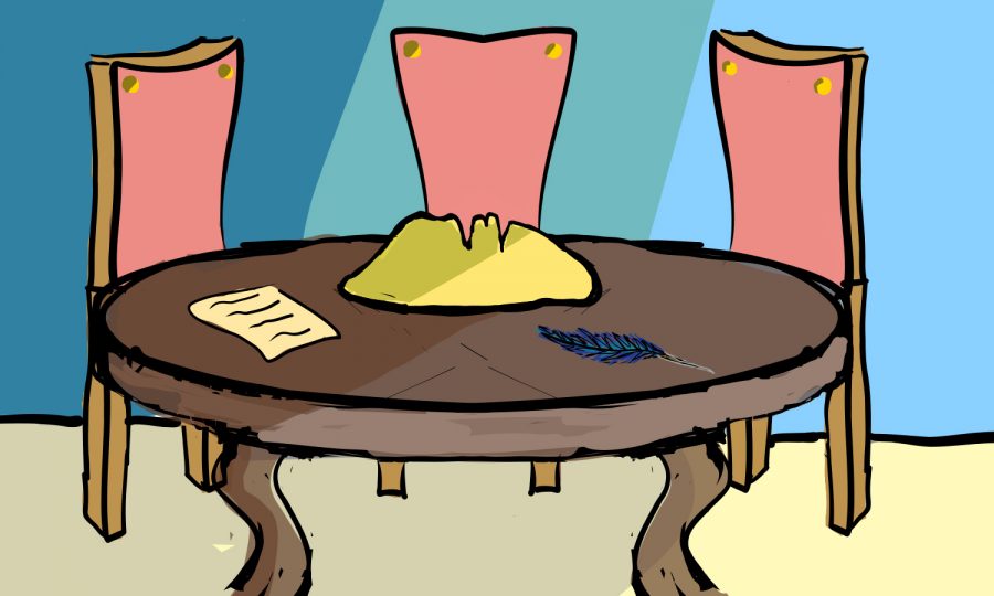 A graphic of three chairs around a table.