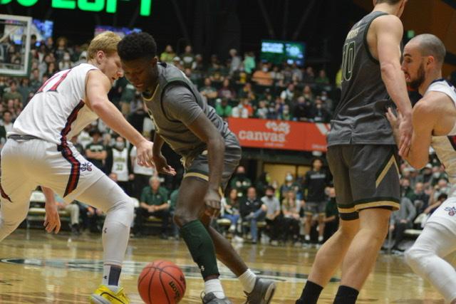 Colorado State guard Issaiah Stevens (4) dribbles through coverage against the St. Mary's College Gaels Dec. 4