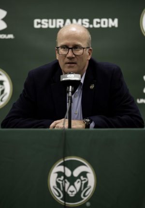 Colorado State University athletic director Joe Parker speaks at a press conference about Steve Addazio being fired from his position as football coach.