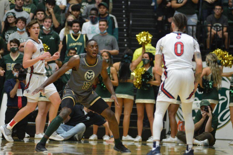 Colorado State guard Chandler Jacobs defends against St. Mary's guard Logan Johnson (0) Dec. 4