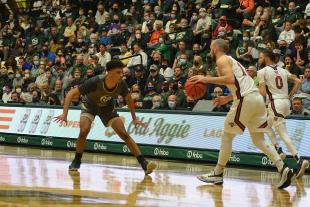 Colorado state guard Jalen Lake (15) presses St.. Mary’s College guard Tommy Kuhse (12) Dec. 4.