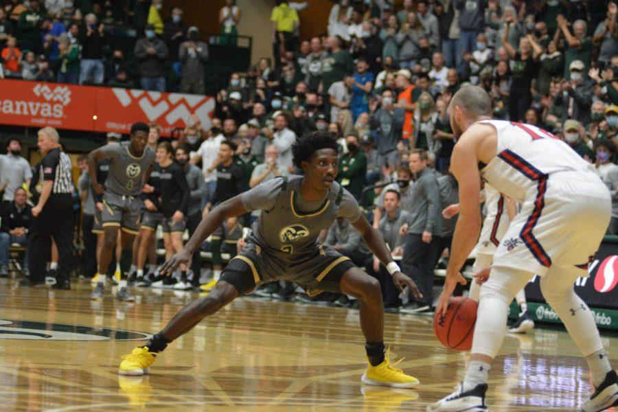 Colorado State guard Kendle Moore (3) presses St. Mary's guard Tommy Kuhse (12) Dec. 4. Moore had 2 steals for the Rams in the 74-58 win over the Gaels. With the win, the Rams edge ever closer to the ever top 25 ranking