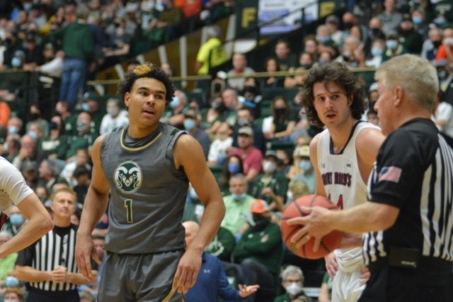 Colorado State forward John Tonje (1) discusses a previous no call with a referee Dec. 4 against the St. Mary’s College (CA) Gaels.