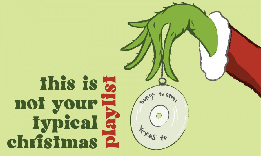 A green themed graphic, depicting the Grinchs hand with a CD ornament that reads songs to steal x-mas to