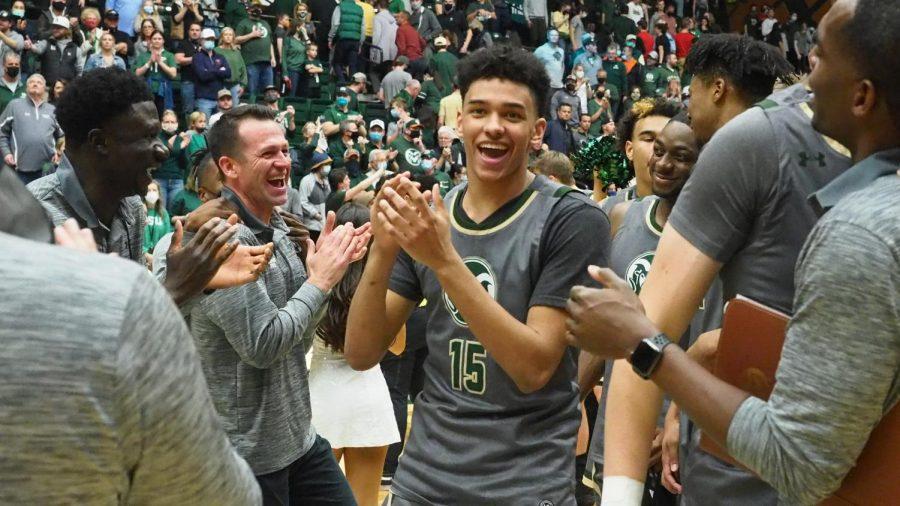 Colorado State guard Jalen Lake (15) and the rest of the Colorado State Mens basketball team celebrate a win over the St. Marys Gaels Dec. 4.