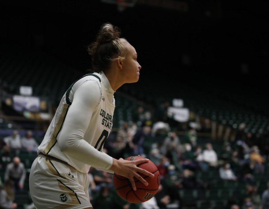 Kendyll Kinzer (0), Colorado State University forward, looks for a teammate to make an inbound pass to during the Rams' game against the United States Air Force Academy Jan. 13 The Rams lost to Air Force 52-77.