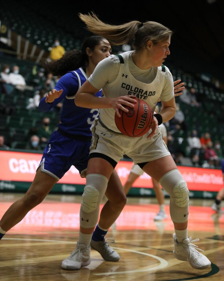 Karly Murphy (42) looks to move up the court after rebounding the ball during Colorado State University's game against the Air Force Academy Jan. 13, 2022. The Rams lost to the Falcons 77-52