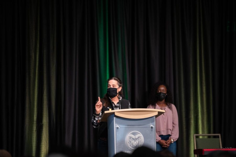 Mayor of Fort Collins, Jeni Arndt speaks in the Lory Student Center at Colorado State University for the Martin Luther King day celebration Jan. 17. Arndt stated, “We have to be intentional, deliberate and vigilant about protecting our voting rights.”