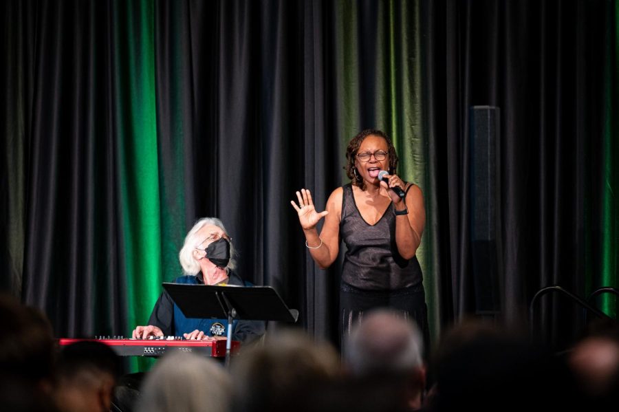Ms. Valerie Embry sings with Mr. John Magnie on the keyboard in the Lory Student Center at Colorado State University in celebration of Martin Luther King day Jan. 17.