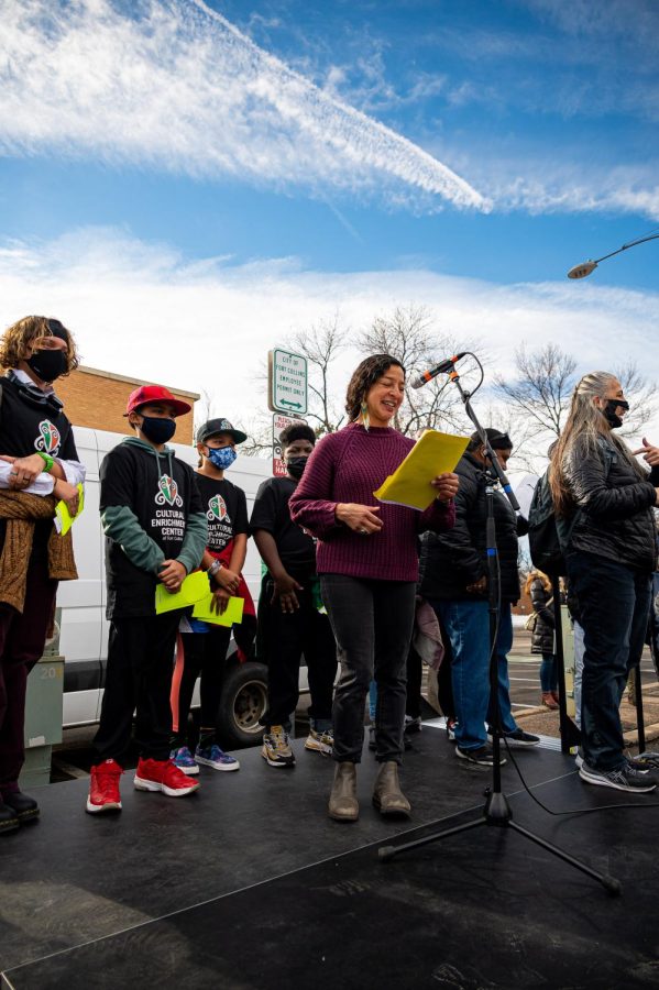 Claudia Menendez gives a speech at the beginning of the Martin Luther King celebration march in Fort Collins, CO. Jan. 17.