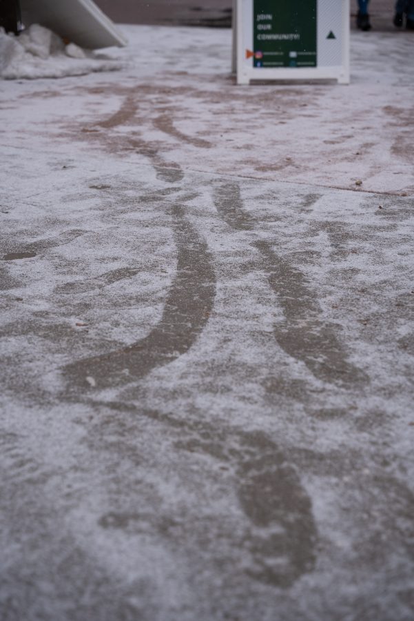 The aftermath of a poor soul slipping on ice at Colorado State University’s Plaza Jan 19. CSU cancelled classes at 12:35pm due to dangerous ice conditions on sidewalks and roads on campus.