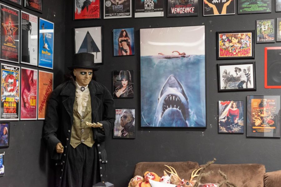 The walls of The Gorehounds Playgrounds mini-theather are covered with movie posters, and lifesize statues of horror characters stand in the corners, Jan. 22nd.