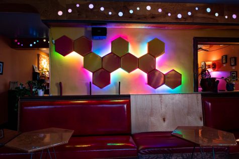 Neon hex sign on the wall at The Atrium in Fort Collins, CO