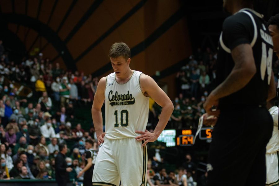 James Moors (10) preparing for a free throw shot during the game against the Nevada Wolfpack.