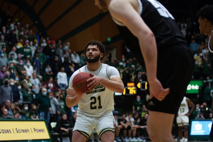 David Roddy (21) focusing on his free throw shot during game against the Nevada Wolfpack