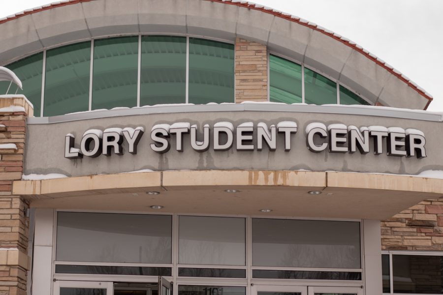 The Lory Student Center sign covered in snow on Jan. 25.