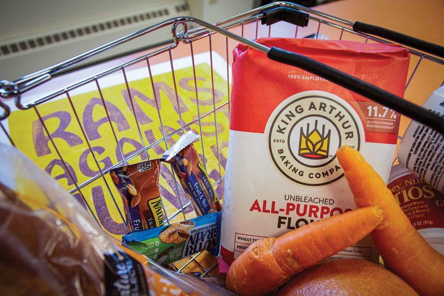 Groceries fill a basket at the Rams Against Hunger Food Pantry Jan. 26. Produce, baking goods and feminine products are some of the items available here, which are from the Food Bank for Larimer County.
