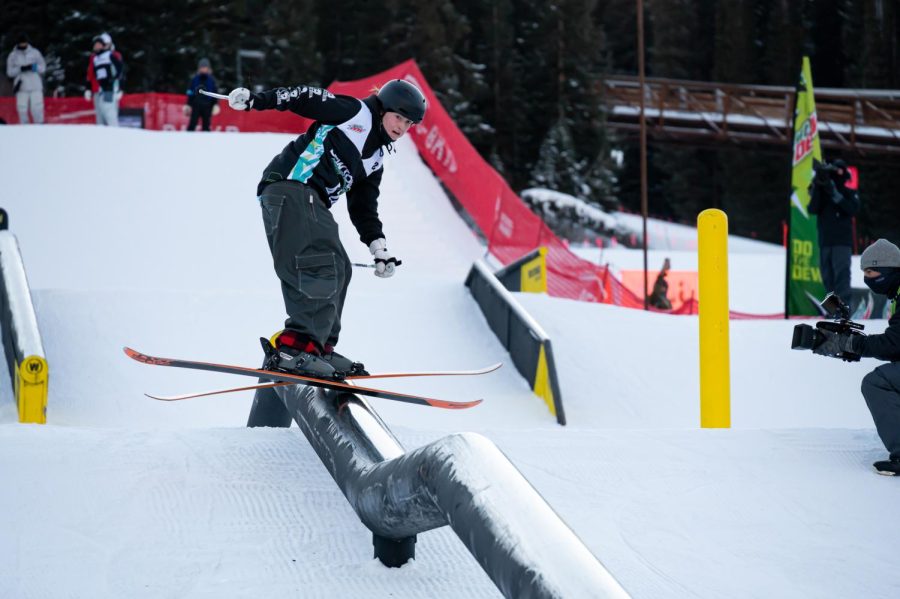 Skye Clarke on one of the rails in women’s ski street style finals at Dew Tour