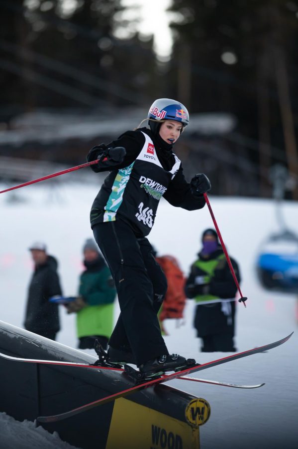 Eileen Gu on one of the rails in women’s ski street style finals at Dew Tour