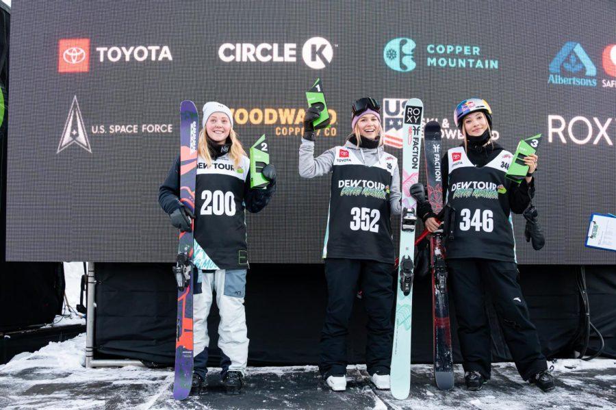 The podium of women’s street style finals at Dew Tour Dec. 18. Johanne Killi placed 2nd, Kelly Sildaru placed 1st and Eileen Gu placed 3rd in the event and won best trick with a Switch Lip 270 Pretzel 270.