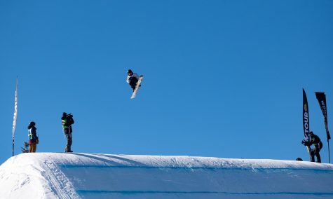 Ryoma Kimata grabs his board off one of the kickers in men’s slopestyle finals at Dew Tour