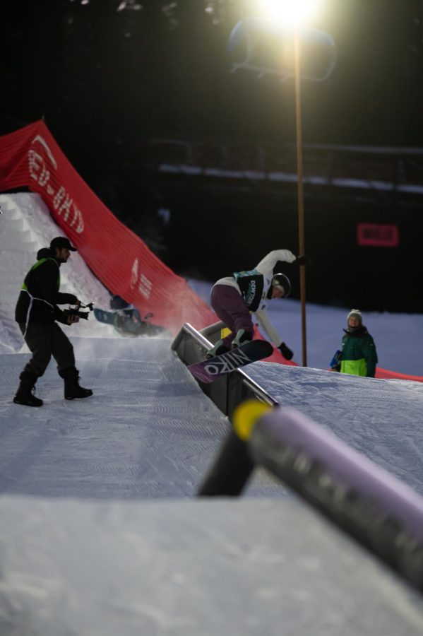 Laurie Bowlin off one of the rails during women’s snowboard street style finals at Dew Tour