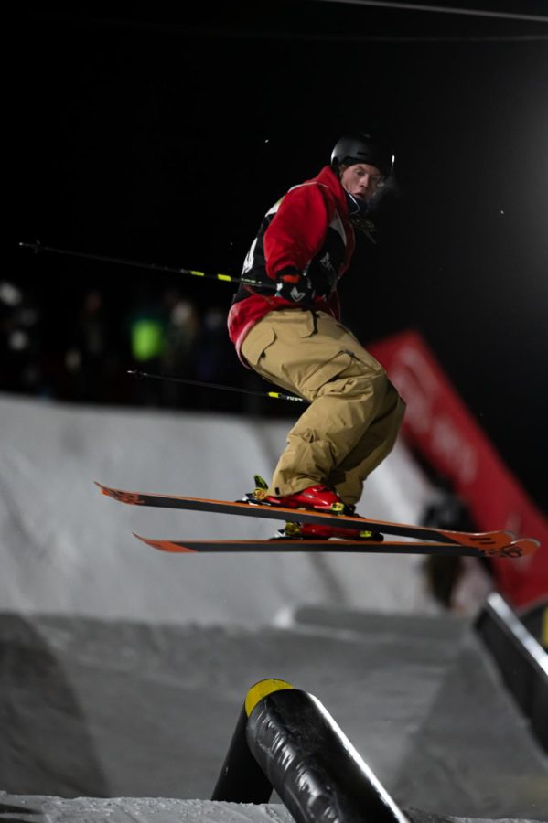 Max Moffatt in the air before one of the rails during men’s ski street style finals at Dew Tour Dec. 18. Moffatt placed 3rd and won best trick with a Back 540 Switch Up.