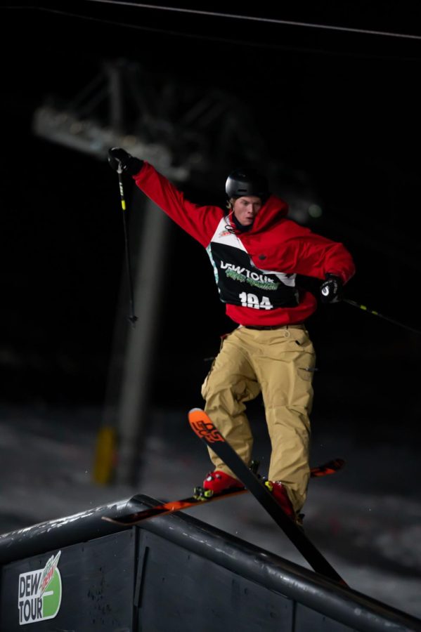 Max Moffatt lands on one of the rails during men’s ski street style finals at Dew Tour Dec. 18. Moffatt placed 3rd and won best trick with a Back 540 Switch Up.