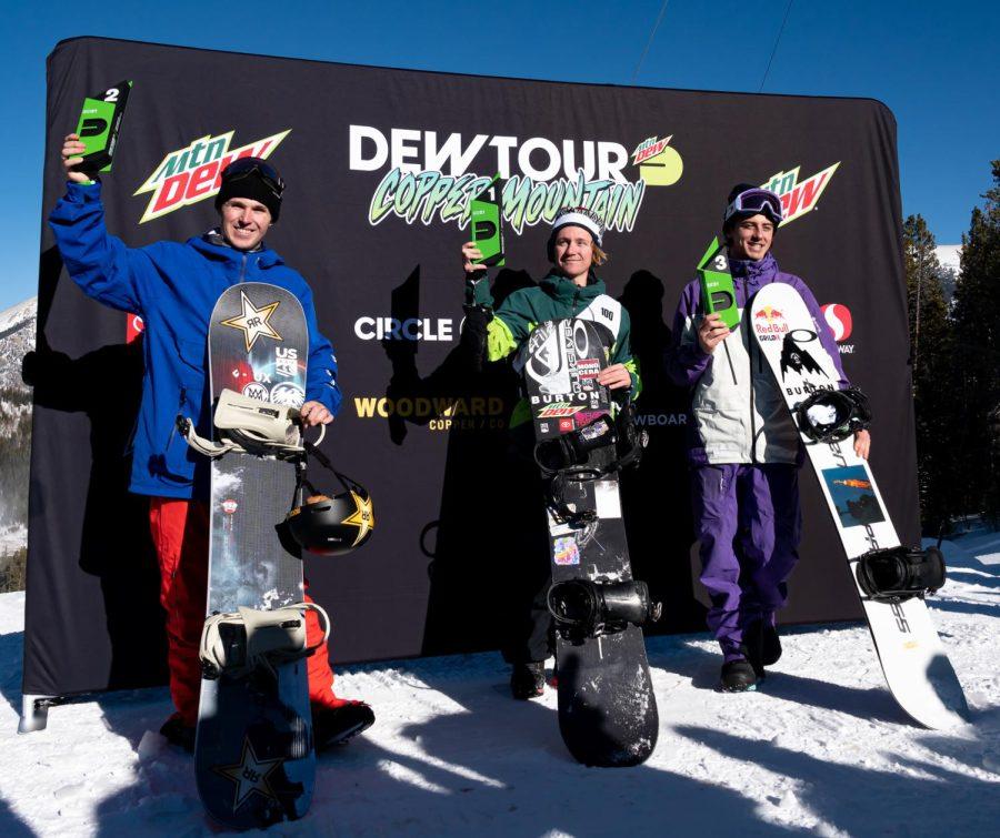 The podium of women’s superpipe finals at Dew Tour Copper Mountain Chris Corning placed 2nd with a score of 91.50, Red Gerard placed 1st with a score of 93.25 and Mark McMorris placed 3rd with a score of 90.00 Dec. 18.
