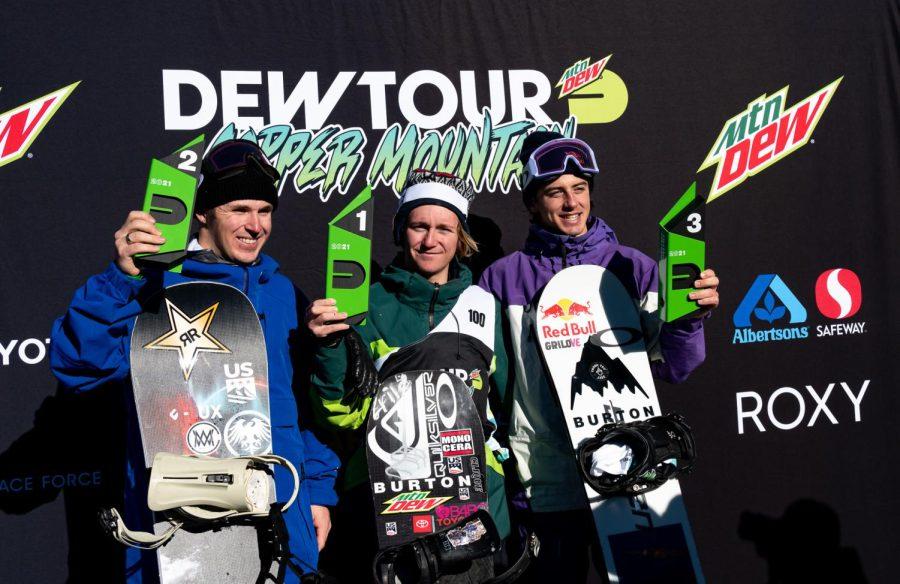 The podium of women’s superpipe finals at Dew Tour Copper Mountain Chris Corning placed 2nd with a score of 91.50, Red Gerard placed 1st with a score of 93.25 and Mark McMorris placed 3rd with a score of 90.00 Dec. 18.