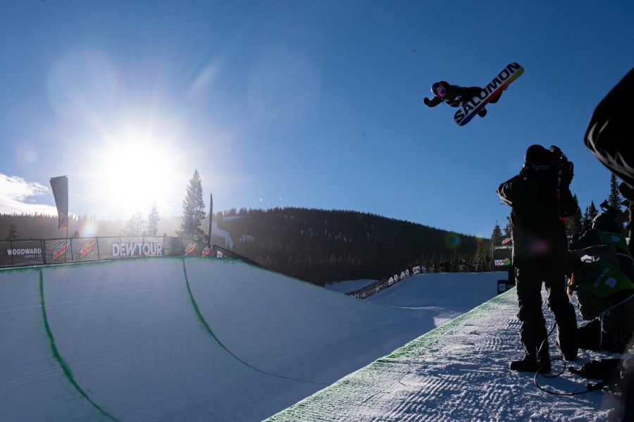 Maddie Mastro performs a method grab during her first run in women’s superpipe finals at Dew Tour