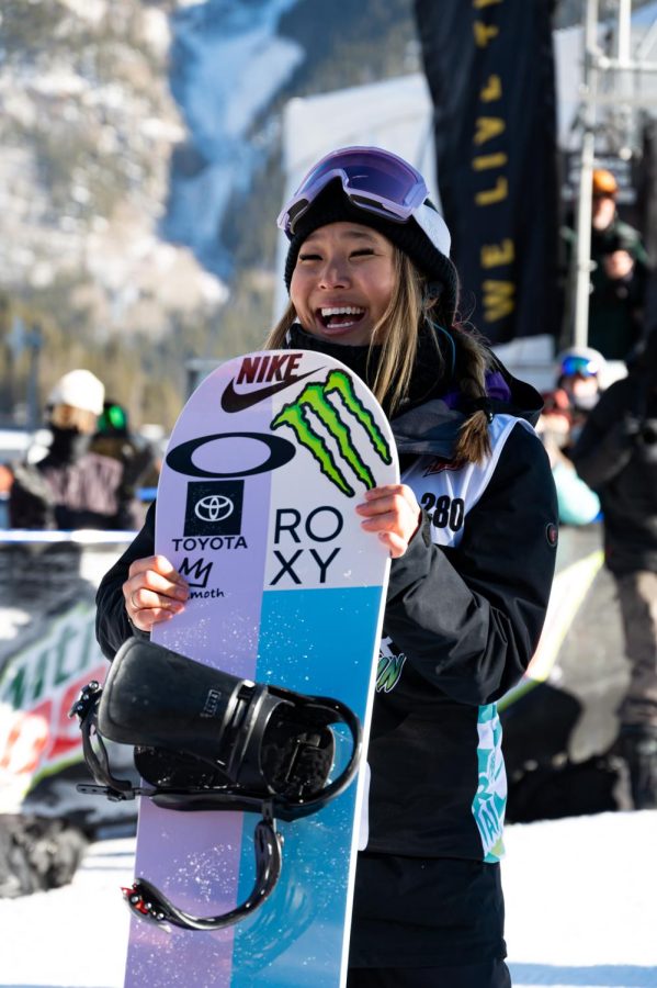 Chloe Kim shedding a tear in shock as she learns she has just won superpipe finals at Dew Tour