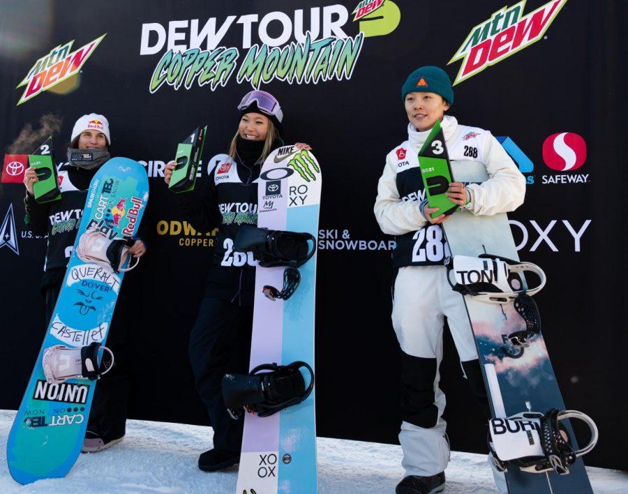 The podium of women’s superpipe finals at Dew Tour Copper Mountain