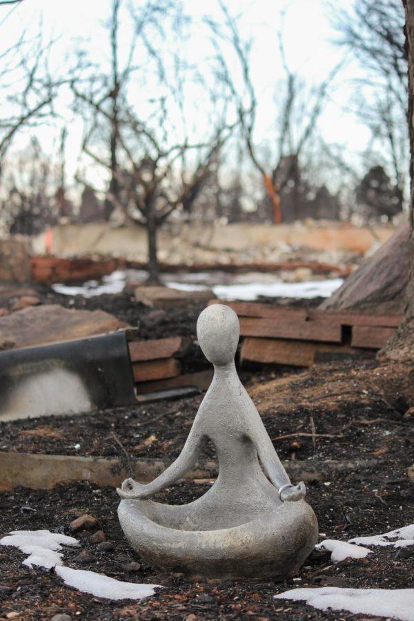 A meditation statue sits untouched surround by house remains.