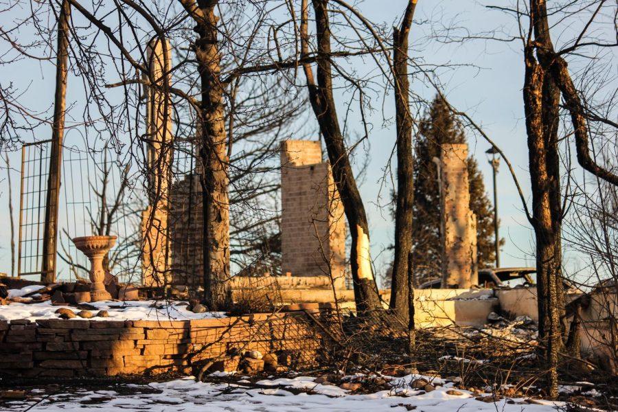Brick columns of what used to be a house can be seen through burnt trees.