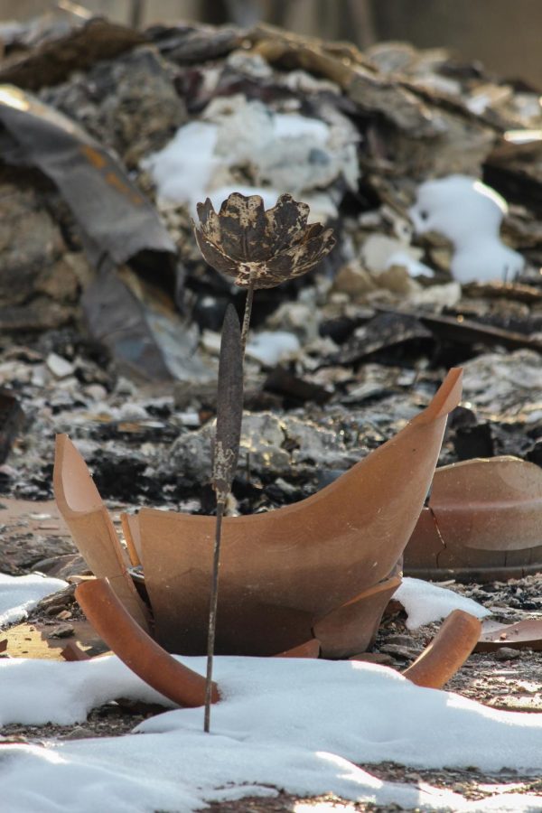A broken pot and solar-powered flower garden light sits among the rubble.