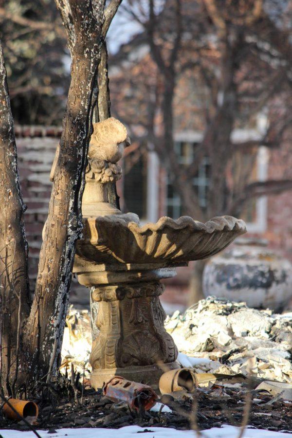 A birdbath is the only thing still standing of what once was a home.