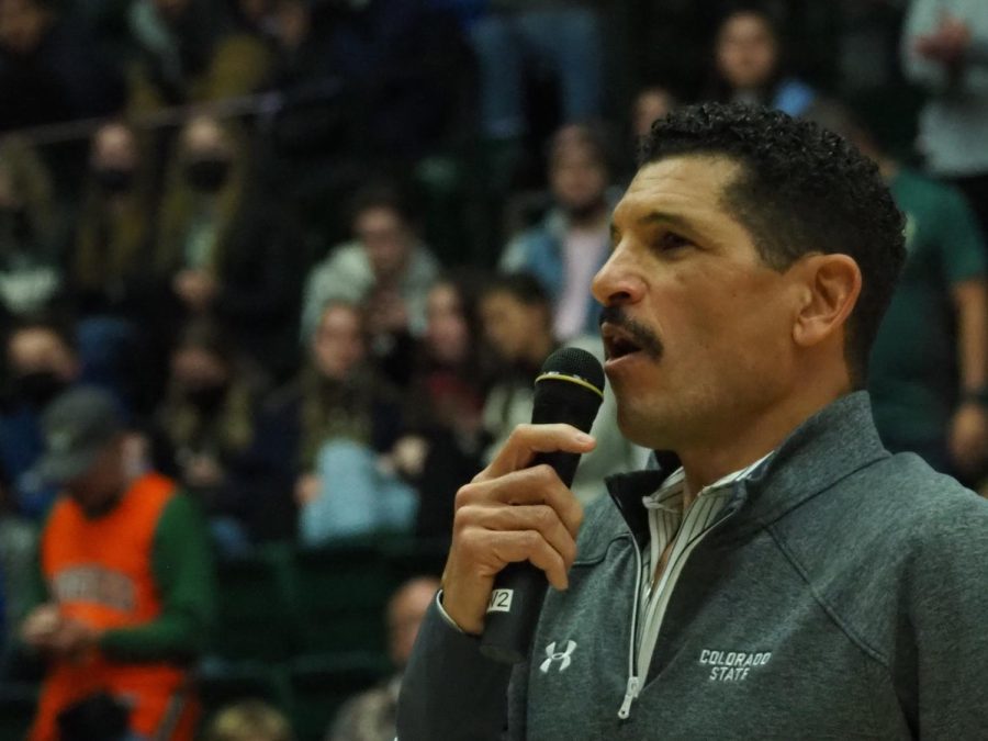 Colorado State head football coach Jay Novell addresses fans at Moby Arena Jan 19.