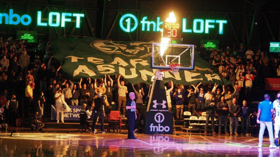 The Colorado State student section flies a banner that reads “Tear ‘Em Asunder’ at the Colorado State University men’s basketball game against the University of New Mexico Jan. 19. Colorado State University beat the visiting lobos 80-74 in front an overflowing student section. 