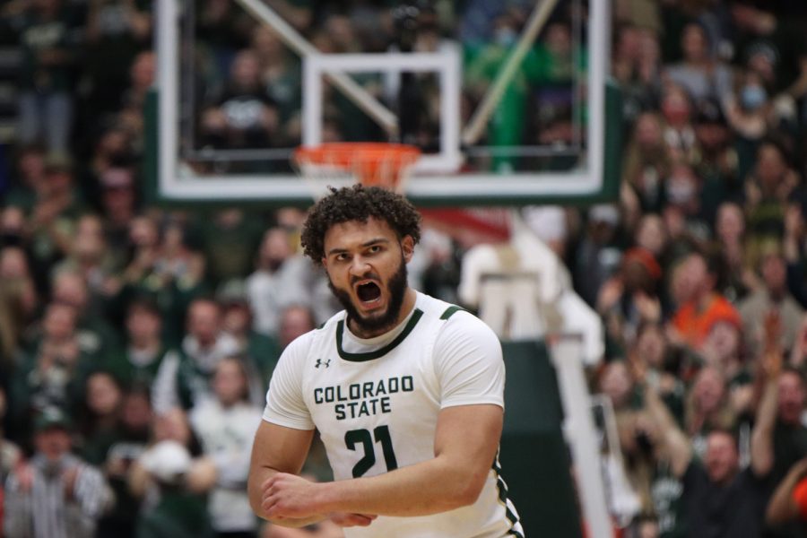 David Roddy (21) cheers after a penalty is called in favor of Colorado State University at Moby Arena during the basketball game against University of Nevada, Las Vegas Jan. 28. Rams lost 88-74.