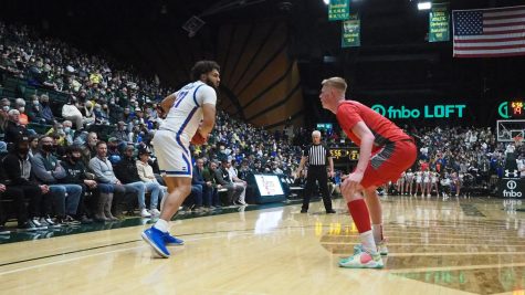 Colorado state forward David Roddy looks to pass the ball as University of New Mexico center Sebastian Forsling guards him at Moby Arena Jan. 19