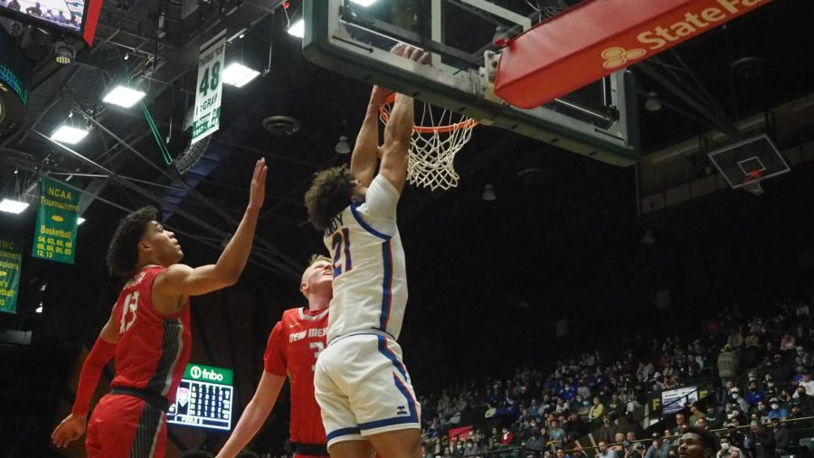 Colorado State forward David Roddy (21) dunks the basketball against the University of New Mexico Lobos Jan. 19.