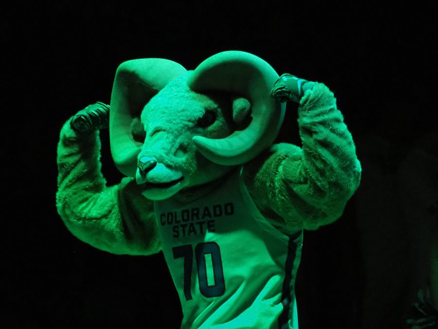 Colorado State mascot CAM the Ram flexes prior to the introduction of the Colorado State men’s basketball team at Moby Arena Jan. 19