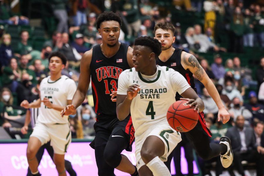 Isaiah Stevens (4) looks back at a defender as he drives toward the basket, during the Colorado State University men's basketball game vs. the University of Nevada, Las Vegas Jan. 28. The Rams lost 88-74.
