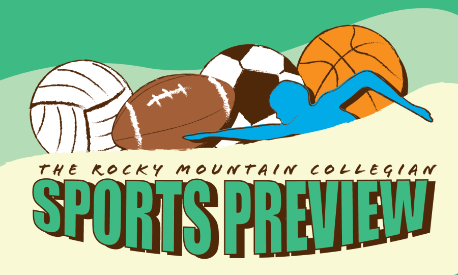 Green and beige graphic of multiple sports activities with the words "The Rocky Mountain Collegian Sports Preview"