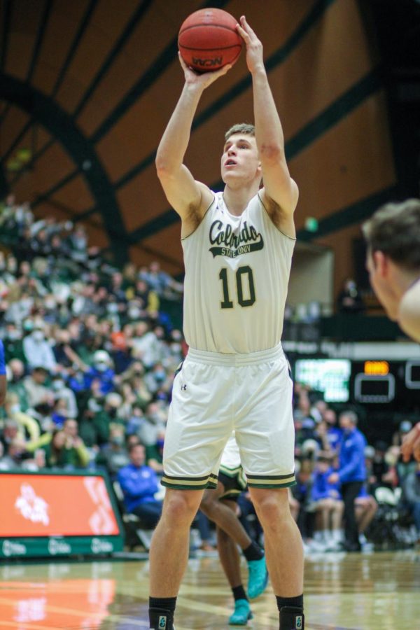 James Moors (10), forward/center, prepares to shoot the ball.