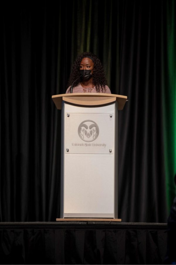 Quinsker Frimpong introduces keynote speakers at the Martin Luther King Day Celebration in the Colorado State University Lory Student Center Jan. 17.